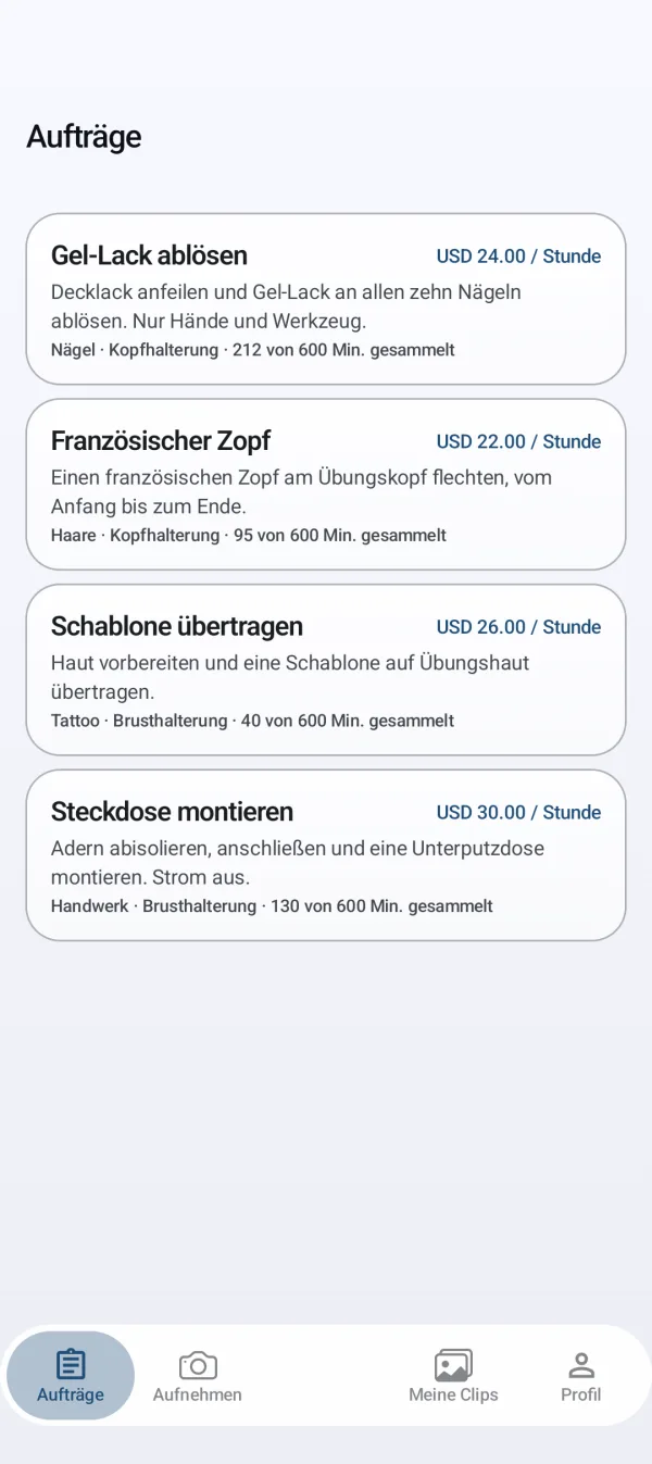 SkillFrames-App: offene Aufträge mit Stundensatz