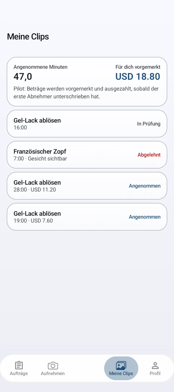 SkillFrames-App: angenommene Minuten und vorgemerkter Betrag
