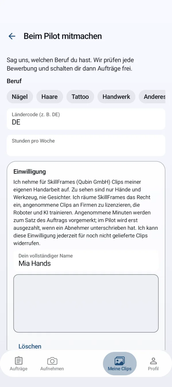 SkillFrames-App: Bewerbung mit Beruf und Einwilligung
