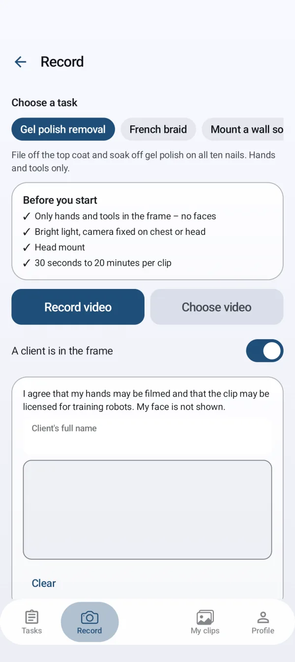 SkillFrames app: client signs before the recording