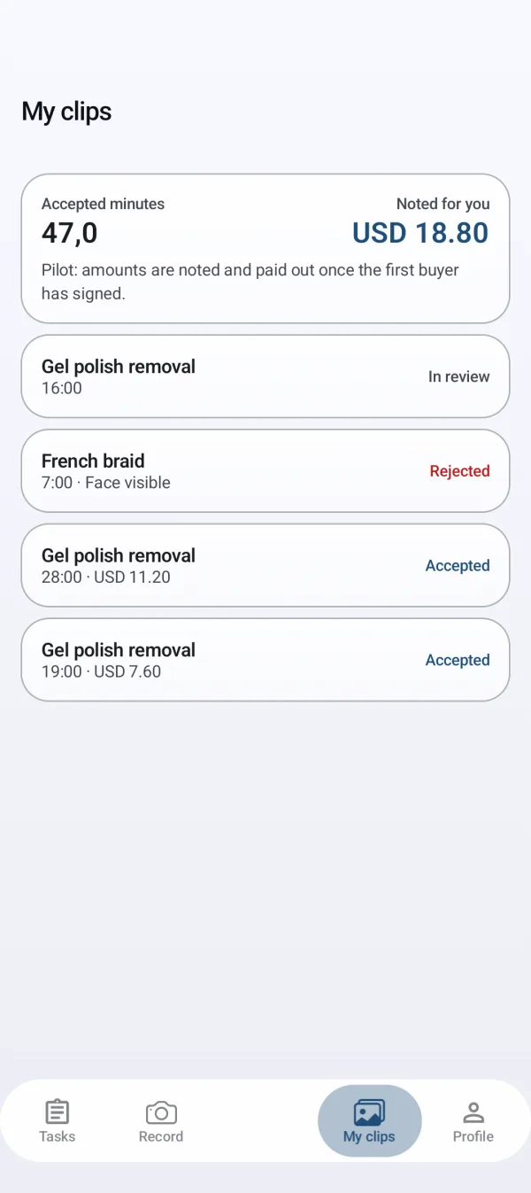 SkillFrames app: accepted minutes and noted amount