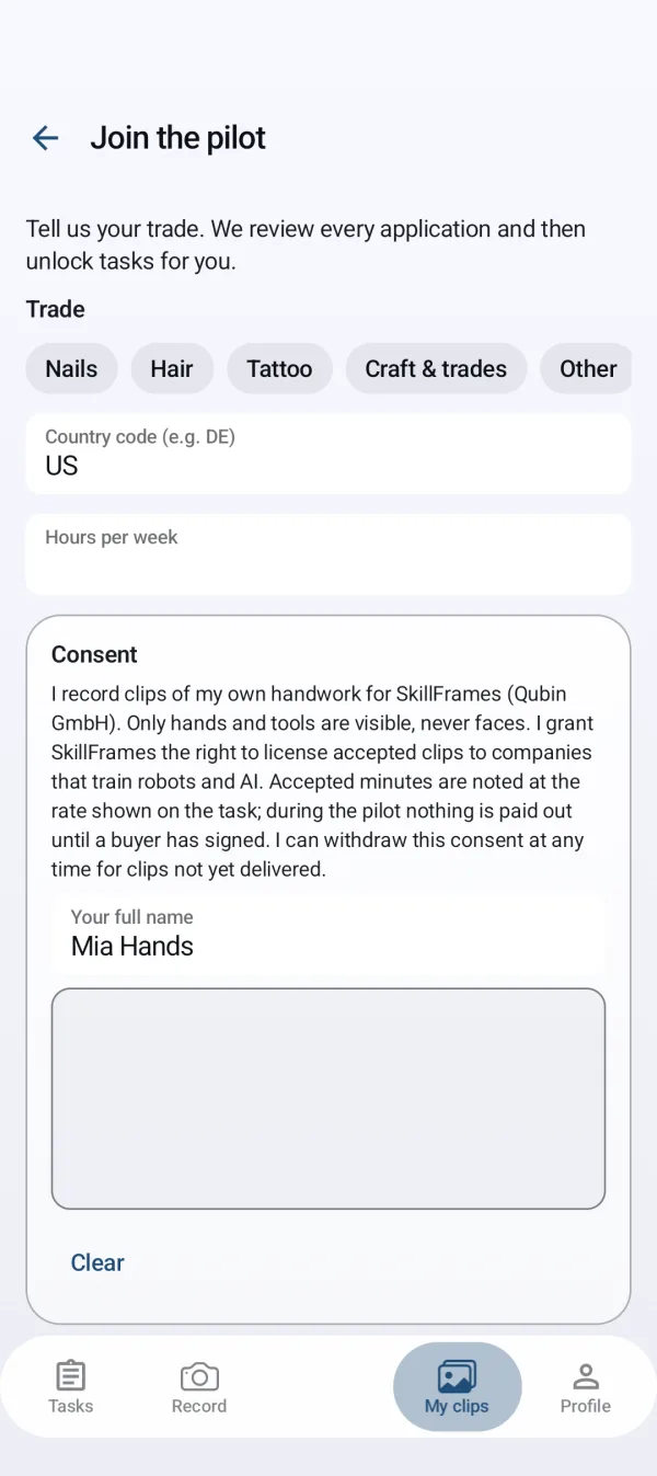 SkillFrames app: apply with trade and signed consent